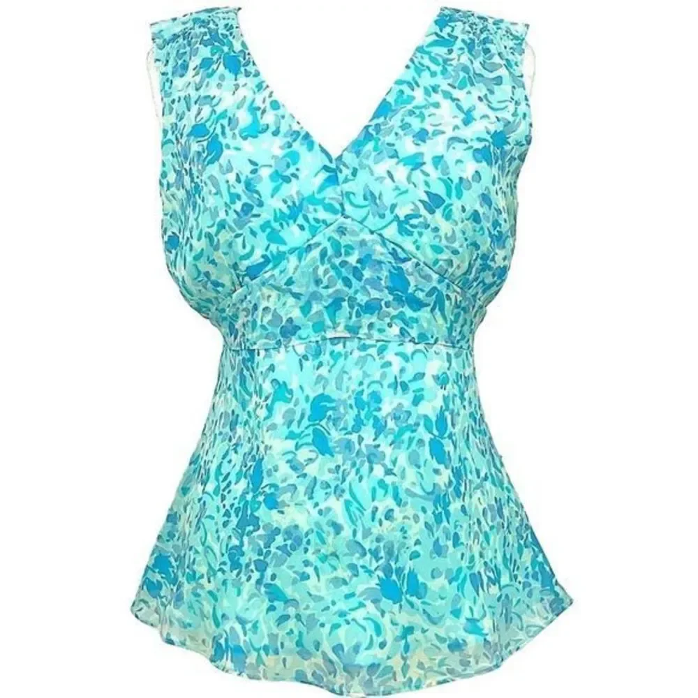 Ann Taylor 100% Silk Blue Floral V-Neck, Sleeveless, Tie Back Blouse SZ L EUC